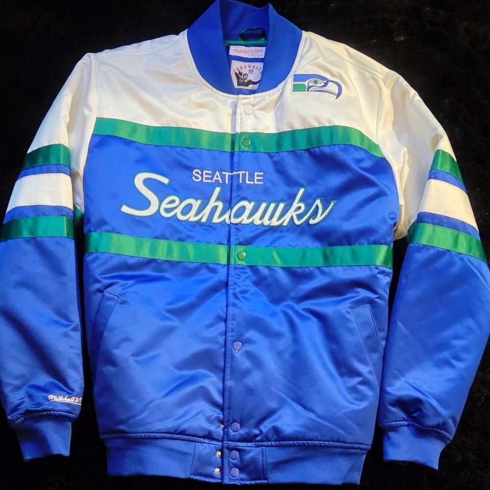 Mitchell & Ness Seattle Seahawks Blue Green White Satin Bomber Jacket